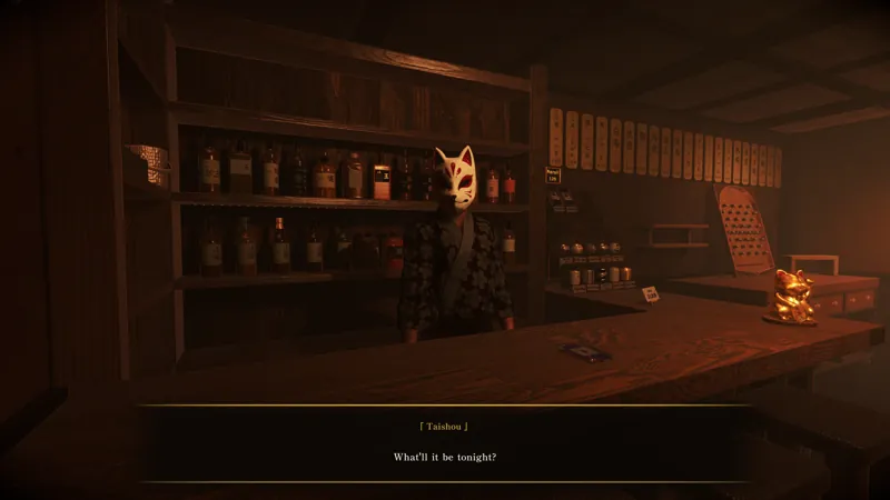 The fox-masked bartender behind the counter: “What'll it be tonight?”