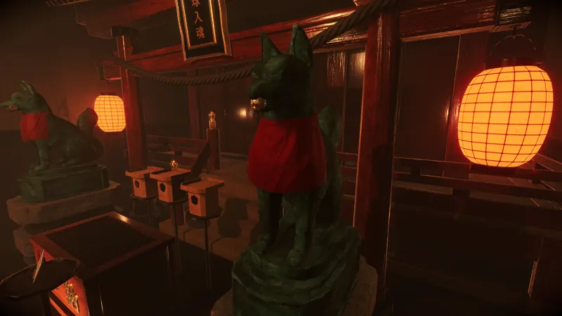 A fox guardian statue at the shrine, paper lanterns lit