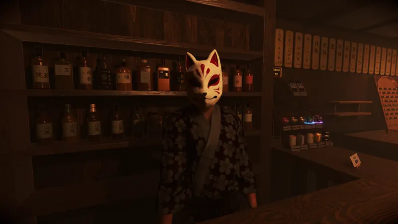 The fox-masked bartender in front of the whisky shelves